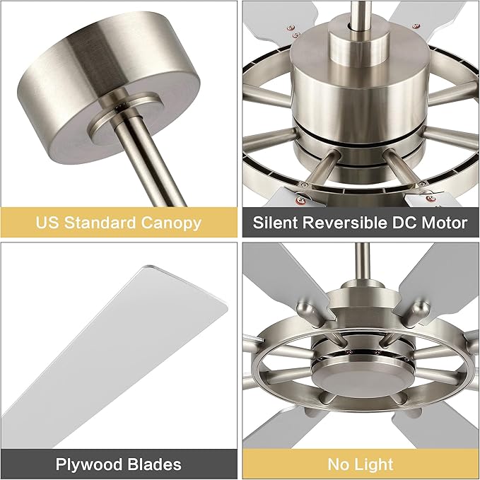 80 Inch Ceiling Fan Without Lights, Wood 8 Blades 6-Speed Noiseless Reversible DC Motor, Modern Large Ceiling Fan with Remote Control for Bedroom Dining Living Room, Nickel Finish+Silver