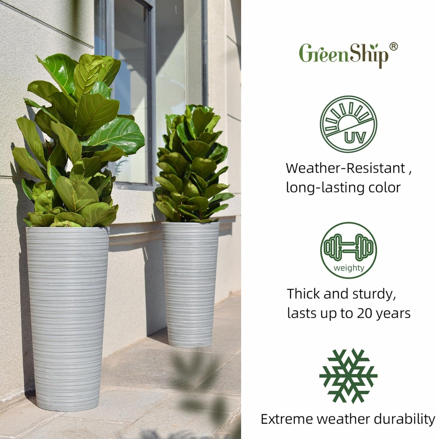 GreenShip 27" Tall Planters, Set of 2 – Black Outdoor Planter for Front Porch & Tall Plants, Weather-Resistant, with Drainage Hole & Rubber Plug (No Plants Included) (Light Gray)