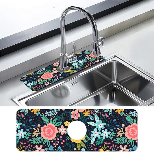 Kitchen Faucet Mat Bright Colorful Flowers Kitchen Sink Splash Guard Faucet Mat,1 PC Splash Guard Behind Faucet Drip Catcher for Kitchen,Dish Drying Mat,Bathroom Faucet Mat 15.5""X5.5""
