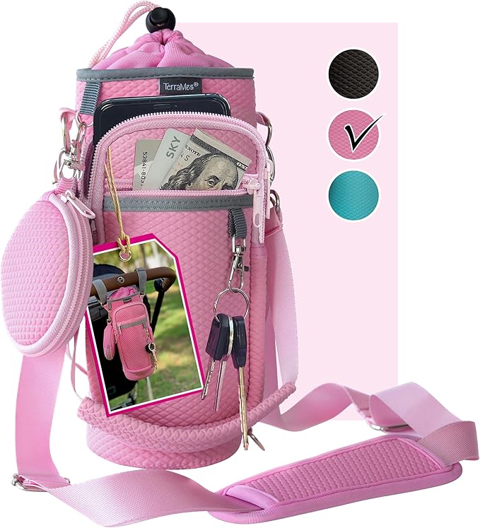 Water Bottle Holder with Strap - Water Bottle Carrier Sling Bag Crossbody with Metal Clips and Rings, Keychain, Extra Small Round Purse, Hook and Loop for Your Bike, Stroller, Backpack