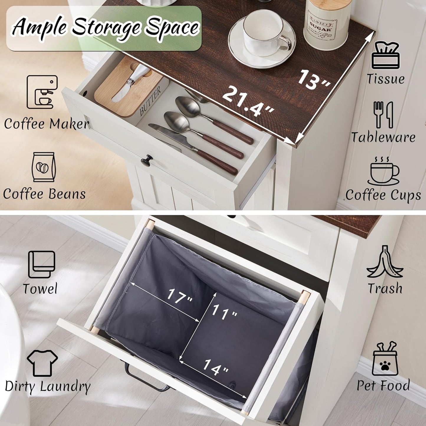 Tilt Out Laundry Hamper Cabinet, 10 Gallon Farmhouse Trash Can Cabinet with Drawer, Hidden Wood Garbage Can Bin Cabinet with Laundry Storage Basket for Bathroom, Kitchen, Antique White