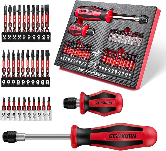 Changeable Head Manual Screwdriver Set Include 2Pcs Quick Change Screwdriver and 30Pcs Impact S2 Screwdriver Bits, Bit Extension Holder, Nut driver, Socket Adapter
