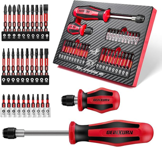 Changeable Head Manual Screwdriver Set Include 2Pcs Quick Change Screwdriver and 30Pcs Impact S2 Screwdriver Bits, Bit Extension Holder, Nut driver, Socket Adapter