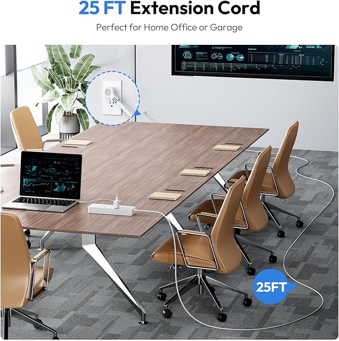 NTONPOWER 25 Ft Extension Cord, 2100J Surge Protector Power Strip with 10 Widely Spaced Outlets 2 USB Ports, Overload Protection, Wall Mountable for Indoor, Home, Office or Garage,White