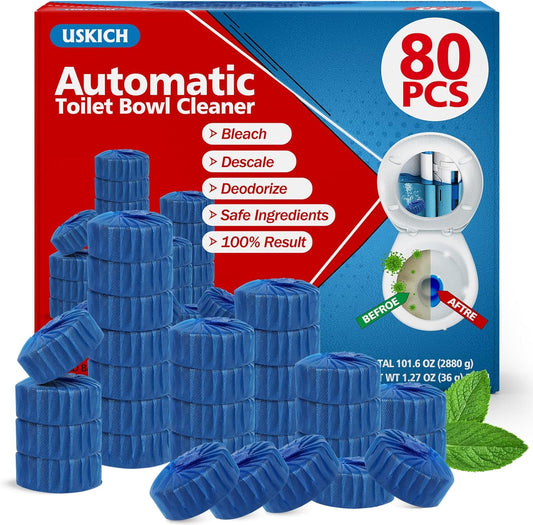 USKICH Toilet Bowl Cleaner Tablets 80 PACK, Bathroom Automatic Toilet Tank Blue Cleaners with Bleach, Slow-Releasing Household Toilet Cleaners for Deodorizing, Descaling, against Tough Stains