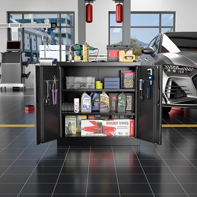 Metal Storage Cabinets with Pegboards and Hooks, 31.5" H Metal Garage Cabinets with Locking Doors and 2 Adjustable Shelves for Home,Office,Garage,School,Assembly Required,Black