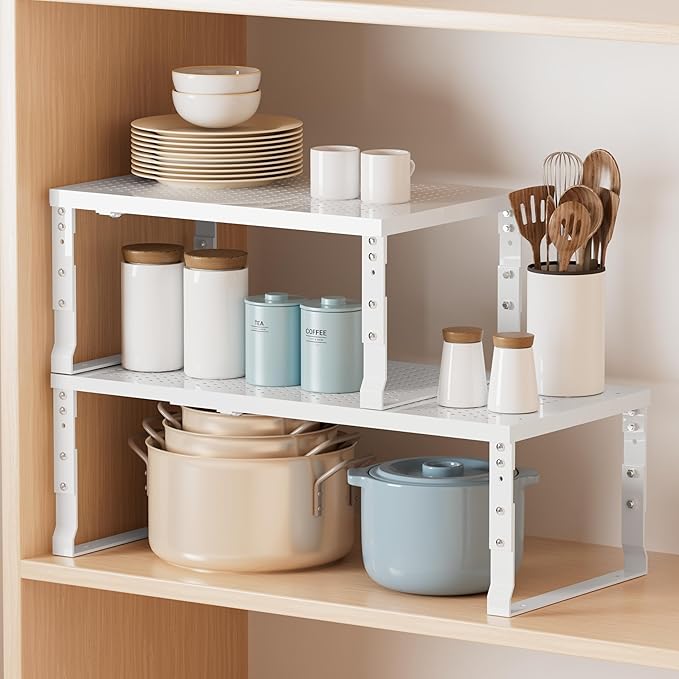 Metal Stackable Expandable Storage Shelf - Multi-Functional Home Storage Shelf, Suitable for Kitchen, Cabinet，Bathroom, Office, Garage, etc.（1PACK/White/Medium