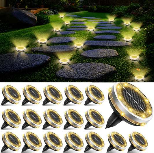 Solar Ground Lights Outdoor 18 Pack Waterproof, Upgraded Solar Garden Lights with 4 Side Light, Stainless Steel Solar Powered Disc Landscape Light for Walkway Lawn Yard Patio Deck-Warm White