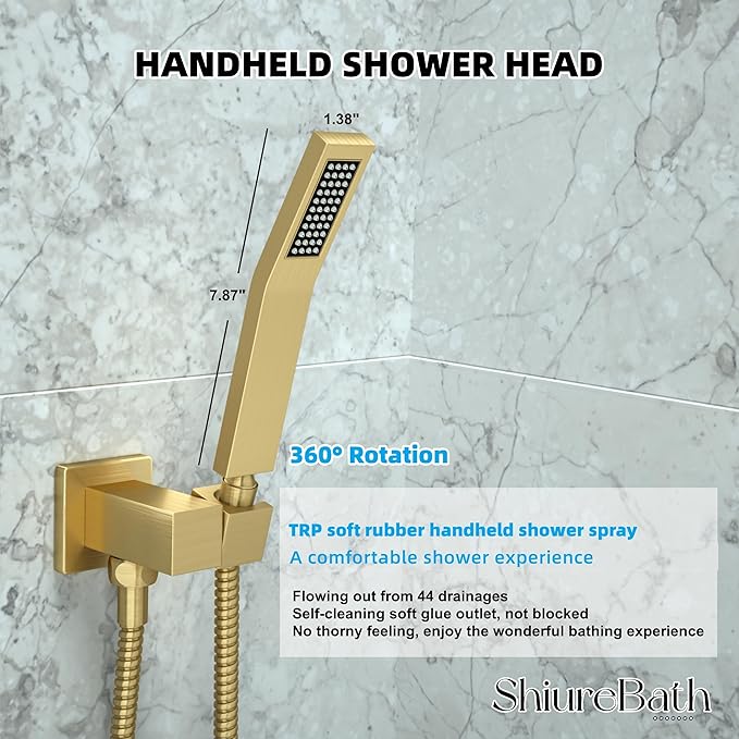 10 Inch Shower Faucet Set with Tub Spout Wall Mounted Shower System for Bathroom with High Pressure 10 Inch Rain Shower head and Handheld Shower Head Set, Brushed Gold