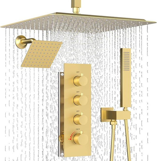 Enga Thermostatic Dual Head Shower System - 16"+6" Ceiling & Wall Mount Rainfall Showerheads, All Functions Simultaneous & Adjustable Volume, Brushed Gold
