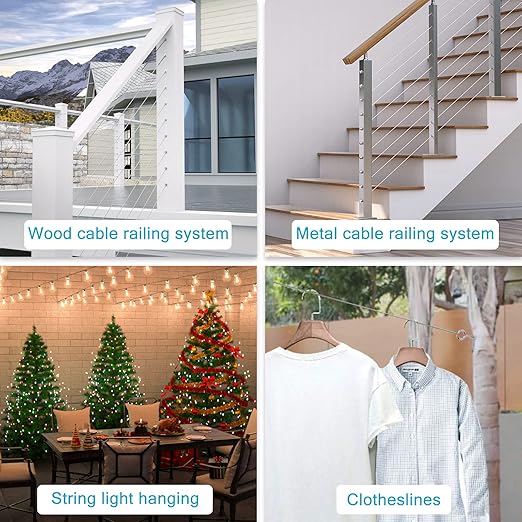 Muzata 500 ft 1/8" Stainless Steel Cable Railing System Hardware T316 Stainless Steel Wire Rope 7x7 Strands 1800 lb Breaking Strength Deck Cable Railing Kit for Indoor Outdoor Coastal WR02