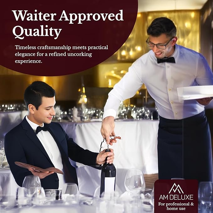 Premium AM DELUXE Waiters Corkscrew Wine Opener - Wine Key For Servers Bartenders, Heavy Duty Stainless Steel & Resin Inlay, Serrated Foil Cutter, Cork Screw Wine Bottle Opener. Magnetic Gift Box