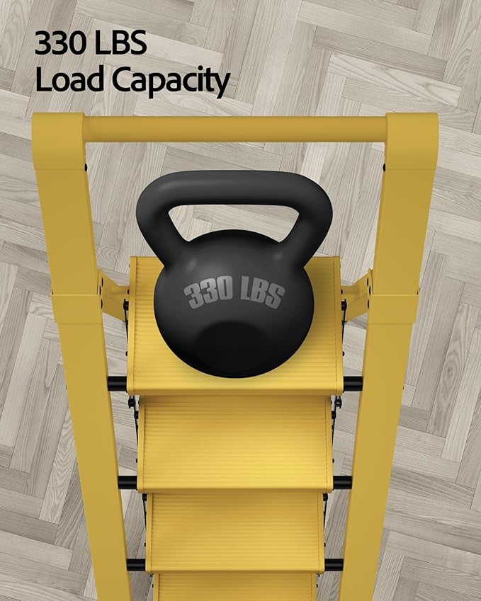 Taranta 4 Step Ladder, Lightweight Aluminum Step Stool with Convenient Handgrip, Folding Ladder with Anti-Slip Pedals, 330lbs Capacity Stepladder for Home, Office, Kitchen - Twilight Yellow