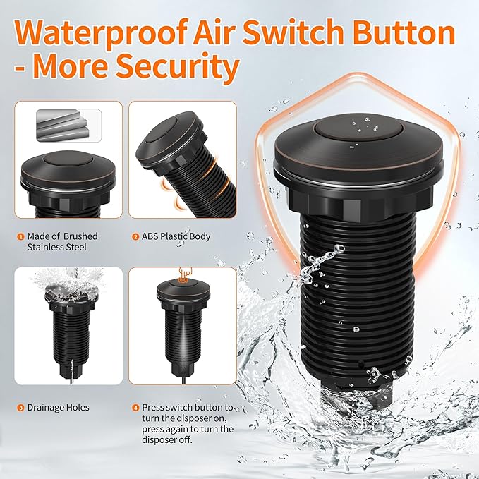 Joinfworld Garbage Disposal Air Switch Kit Waterproof Garbage Disposal Button Kit with Long Garbage Disposal Switch Oil Rubbed Bronze - UL Listed