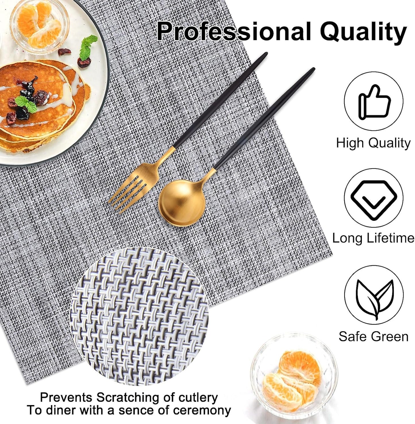Vinyl Placemats Set of 6, PVC Woven Washable Non-Slip Table Mats, Heat Resistant Wrinkle Free Place Mats for Dining Table, Easy to Clean (6, Light Grey)