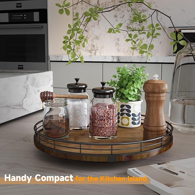 Farmhouse Oak 13" Lazy Susan Turntable Organizer for Cabinet, Round Wooden Lazy Susan Organization and Storage for Dining Table, Pantry, Kitchen, Countertop, Cupboard,Home Decor, Walnut Wood