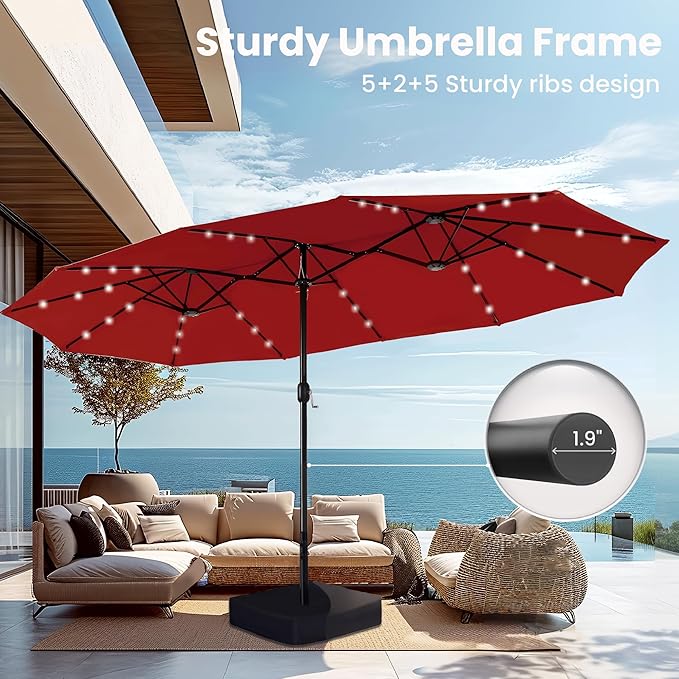 PHI VILLA 15ft Large Patio Umbrellas with 36 LED Solar Lights, Double-Sided Outdoor Market Rectangle Umbrellas, Base (Stand) Included, Dark Red