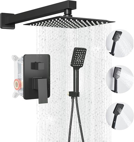 Shower Head Matte Black, Shower Faucet Set Bathroom Shower System with 8 inch Square Rain Shower Head Wall Mounted with 3-Setting Handheld Spray, Rainfall Shower Combo Set