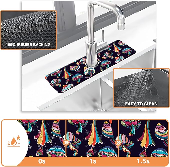 Kitchen Faucet Mat Magic Mushrooms Kitchen Sink Splash Guard Faucet Mat,1 PC Splash Guard Behind Faucet Drip Catcher for Kitchen,Sink Mat,Dish Drying Mat,Bathroom Faucet Mat 15.5""X5.5""