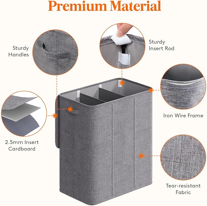 Lifewit Triple Laundry Hamper with Lid and Removable Laundry Bags, Large Collapsible 3 Dividers Dirty Clothes Basket with Handles for Bedroom, Laundry Room, Closet, Bathroom, College, 160L Light Gray