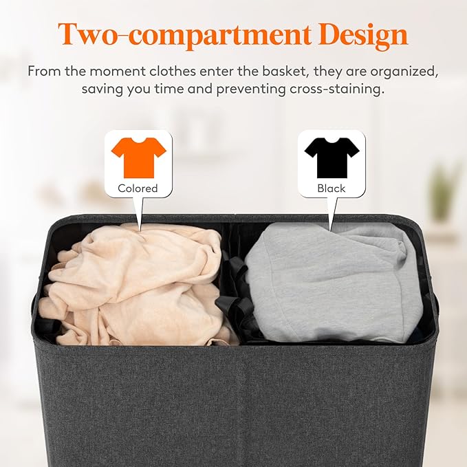 Lifewit Double Laundry Hamper with Lid and Removable Laundry Bags, Large Collapsible 3 Dividers Dirty Clothes Basket with Handles for Bedroom, Laundry Room, Closet, Bathroom, College, 145L Dark Gray