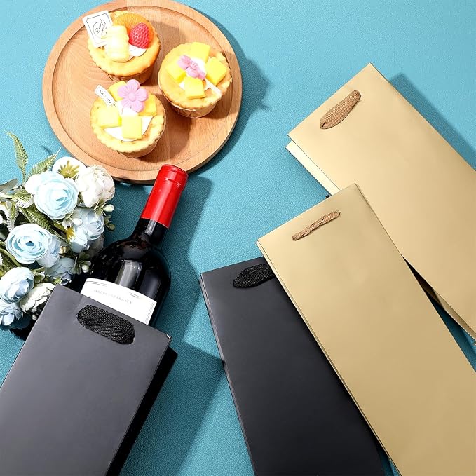 Fumete 50 Pack Wine Bottle Gift Bags Paper Wine Gift Bags Bulk 13.8x3.7x3.5 Wine Bags with Handles Appreciation Gifting Bags for Christmas Wedding Anniversary Birthday Party(Black, Gold)