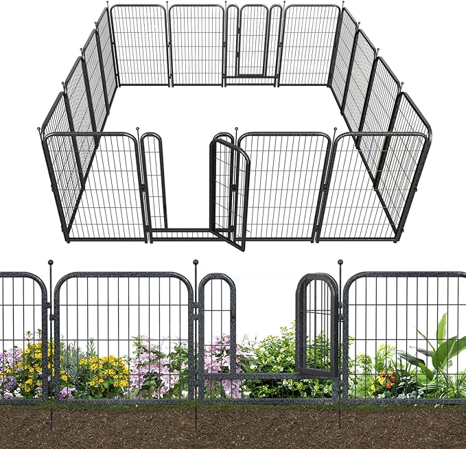 Metal Garden Fence with 14 Panels 2 Gates Outdoor Dog Fence 36ft (L)×45in (H) Decorative Pet & Animal Barrier, Garden and Yard Fencing，Black-Silver