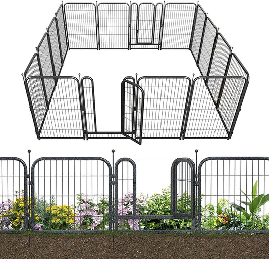 Metal Garden Fence with 14 Panels 2 Gates Outdoor Dog Fence 36ft (L)×45in (H) Decorative Pet & Animal Barrier, Garden and Yard Fencing，Black-Silver