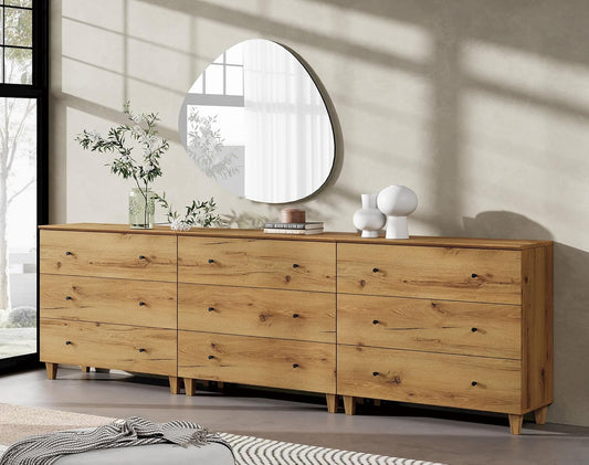 WAMPAT Dresser with 9 Drawers, Bedroom 3-in-1 Wide Wooden Chest of Drawers, Modern Long Dressers Closet Storage Organizer w/Solid Wood Legs for Living Room, Kids Room, Oak Brown,106 Inches