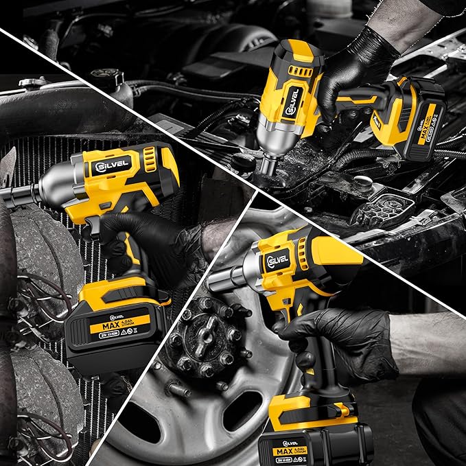SILVEL Cordless Impact Wrench, MAX 650N.M Brushless Impact Gun 1/2 inch, 4.0Ah Battery, 6 Sockets, 3300RPM Impact Driver wih Fast Charger