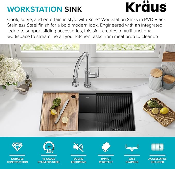KRAUS Kore Workstation 32-inch Undermount 16 Gauge Stainless Steel Single Bowl Kitchen Sink in Gunmetal Black PVD Finish with Accessories, KWU110-32/PGM