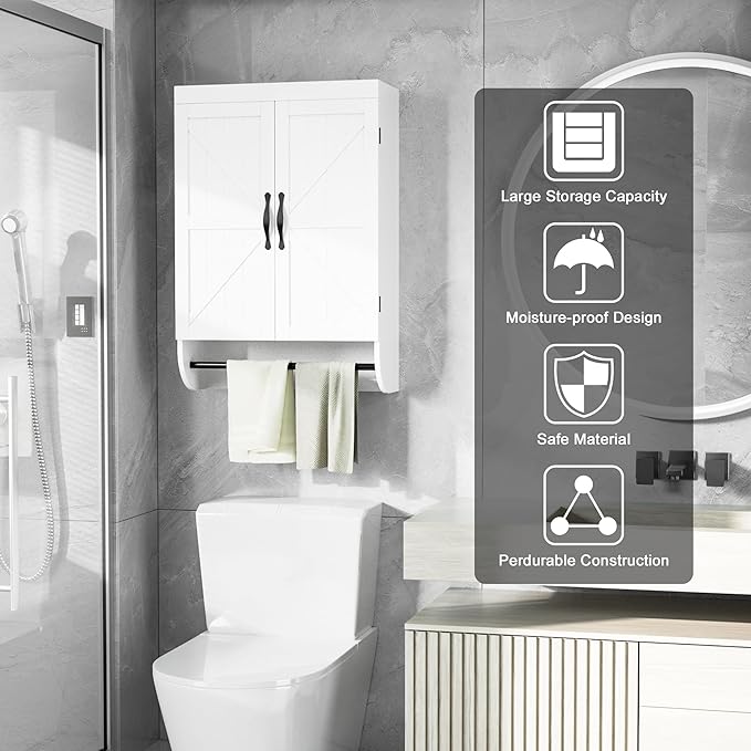SRIWATANA Bathroom Storage Wall Cabinet Over The Toilet with Adjustable Shelf, Space Saver 2-Door Medicine Cabinet with Metal Bar, White