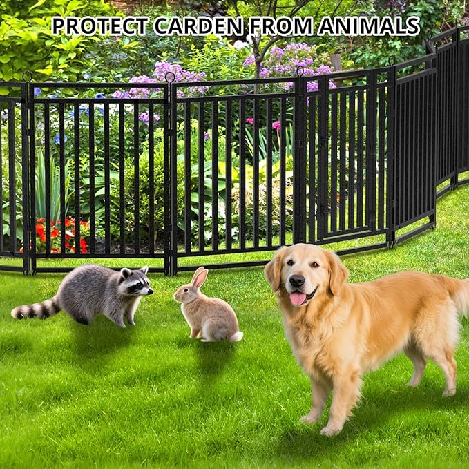 Decorative Garden Fence Metal Dog Fence Outdoor for Yard, 92ft (L) × 40in (H), 35 Panels + 5 Gates, Rustproof Animal Barrier Fencing for Patio & Flower Bed, No Dig, Black-Silver