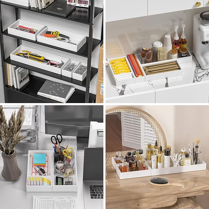 Bamboo Drawer Organizer, Small Silverware Organizer for Kitchen Drawer, Stackable Utensil Organizer, 2 Pcs Flatware Organizer Wooden Storage Box Tray (White, 6 X 3 X 2 Inch)