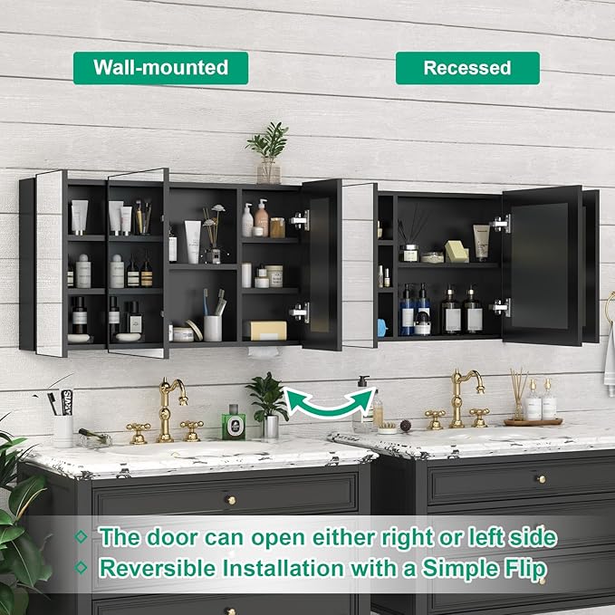 40 x 24 Farmhouse Medicine Cabinet, Tempered Frameless Bathroom Mirror with Storage, Black Recessed or Surface Mount Aluminum Medicine Cabinet for Bathroom Modern-Large