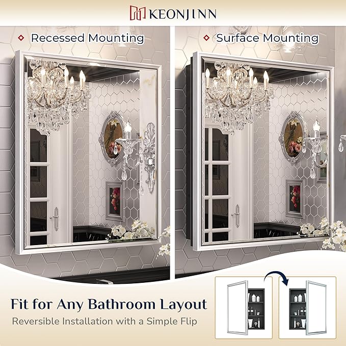 Keonjinn 40” x 30” Medicine Cabinets for Bathroom with Mirror Recessed or Surface Wall-Mounted Aluminum Alloy Framed Beveled Mirror with Soft Close Hinge, 2 Doors Silver Mirrored Cabinet
