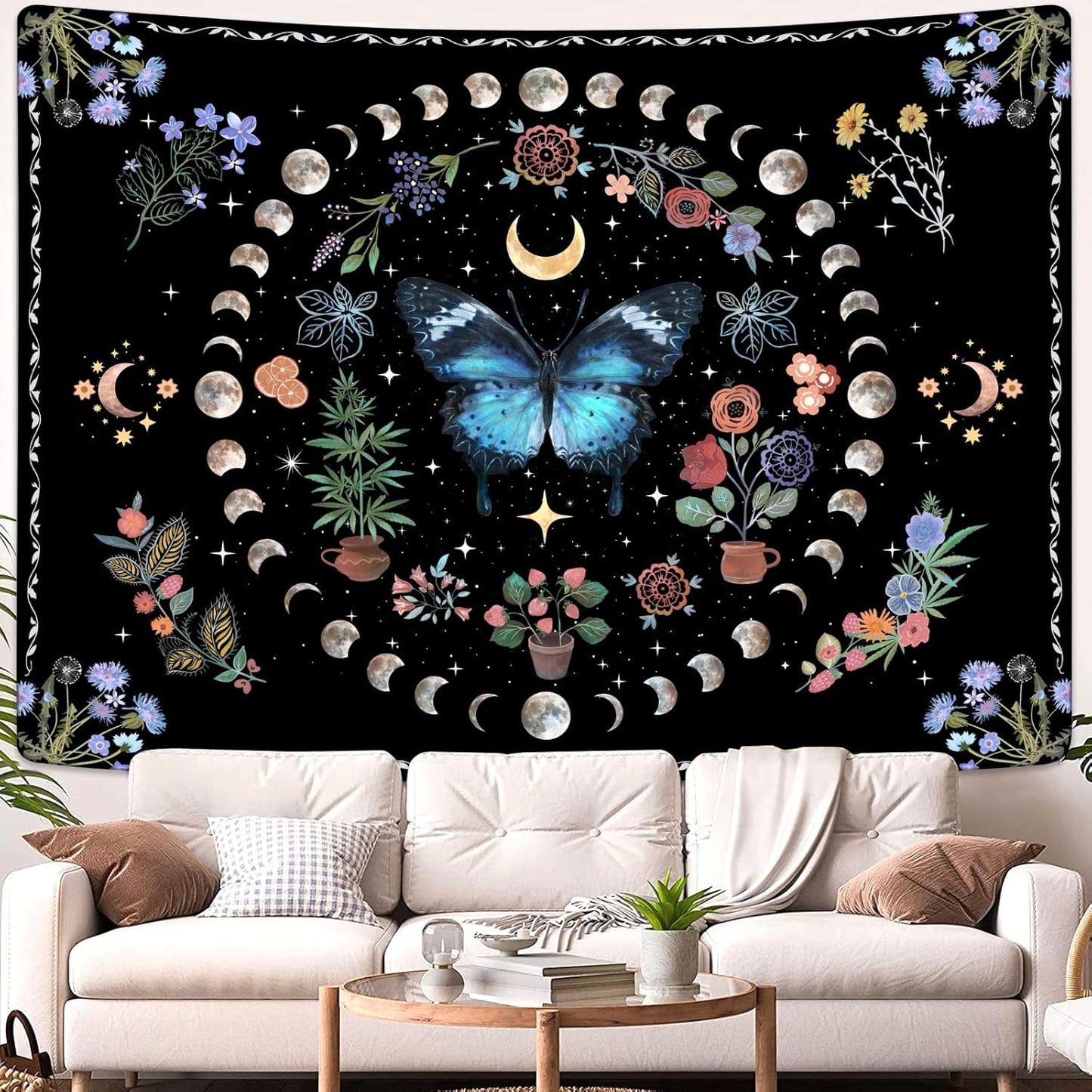 Fowocu Blue Butterfly Moon Flower Tapestry Boho Floral Plant Tapestries for Bedroom Aesthetic Nature Tapastry's Wall Hanging Mandala Botanical Wall Tapestry for Living Room Dorm (Blue, 48'' × 36'')