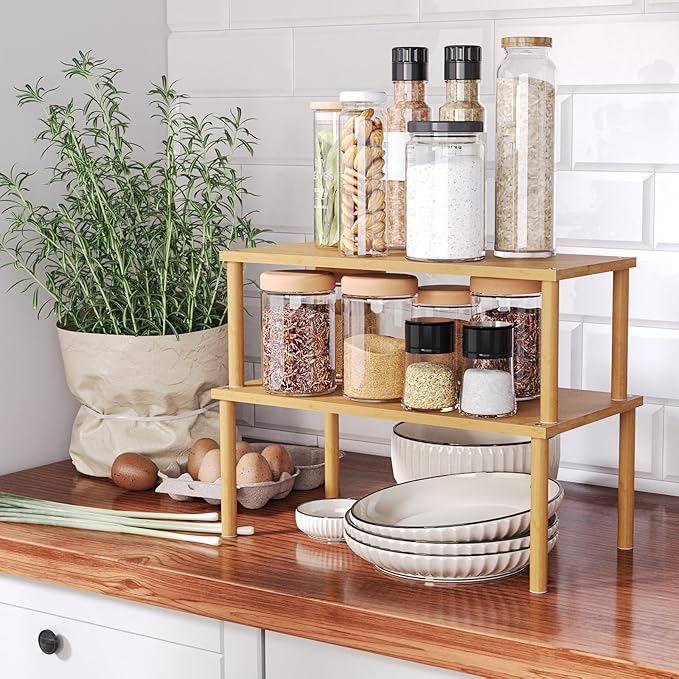 Cabinet Organizer Shelf(Set of 2),Kitchen Counter Shelves,Bamboo Stackable Expandable Spice Rack Countertop(Large)