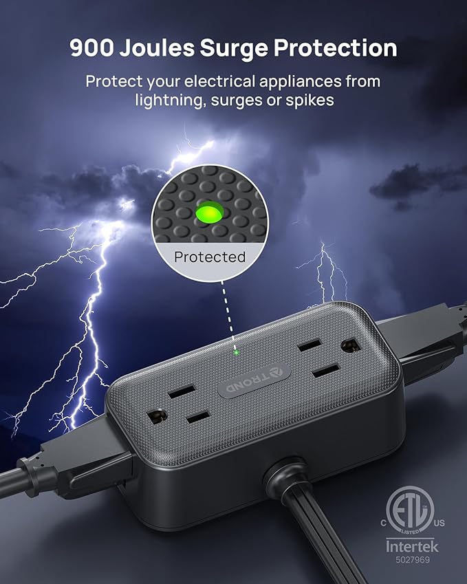 TROND 360° Rotating Flat Plug Power Strip, 10FT Extension Cord with 4 USB Ports, 4 Wide Spaced AC Outlets, Wall Mount, 900J Surge Protector for Office Travel Dorm Room Essentials, Black