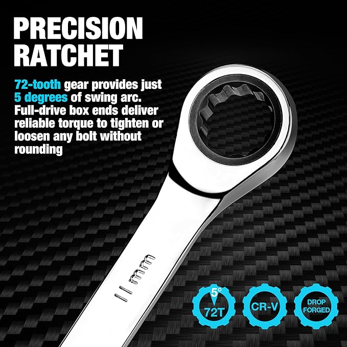 DURATECH 11mm Ratcheting Combination Wrench, SAE, 72-Tooth, 12-Point, CR-V Constructed with Mirror Polish