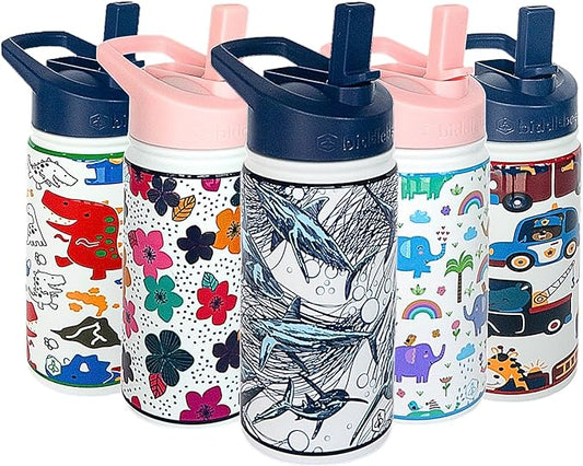 Biddlebee Kids Water Bottle with Straw Lid | 14oz Insulated Stainless Steel Reusable Bottles for School | Leak Proof Cap with Handle & Touch Free Spout | Great for Boys & Girls (Sharks)