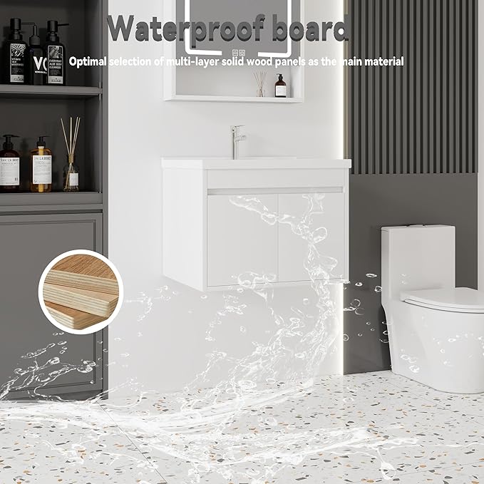 24'' Bathroom Vanity with Ceramic Sink Combo, Wall Mounted Small Bathroom Vanity with Soft-Close Door Modern Floating Cabinet, Pop-up Drain, P-Trap Included, White(No Faucet)