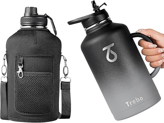 Trebo Half Gallon Water Bottle Insulated with Handle, 64 oz Double Wall Stainless Steel Metal Large Jug, Travel Flask with Straw Spout Lid, Mug Tumbler with Carry Pouch, Keep Cold Hot, Dark Gray