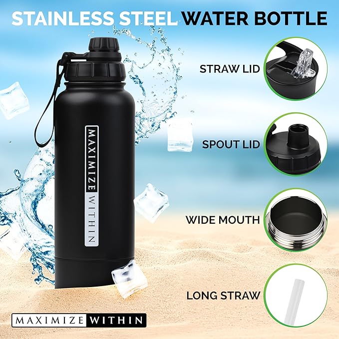 Double Wall Stainless Steel Water bottle with Dual lids (Straw & Spout) Hidden Compartment, Vacuum Insulated, Reusable. Black. 32 oz