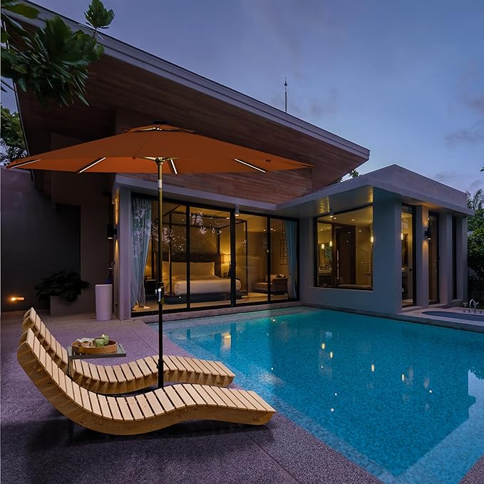 Midtown Umbrellas Led Swilt Sunbrella Umbrella 9 Ft Patio Umbrella With Sunbrella Terracotta Acrylic Fabric - Deck Patio Umbrella, Backyard Umbrella, Garden Umbrella & Pool Umbrella - Black Pole