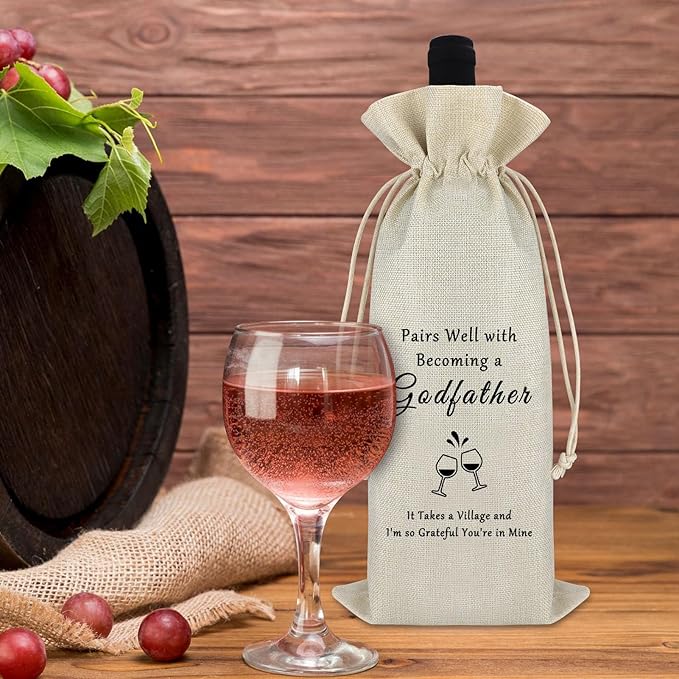 Godfather Gift from Godchild Godfather Wine Bags Birthday Thank You Gift for Godparent Uncle Fathers in Law Gift Cotton Burlap Wine Wrap Bag Christening Gift Baptism Gift for Godfather Proposal Gift