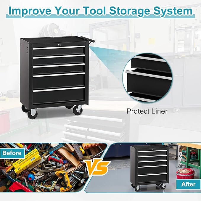 Tool Chest 5 Drawers Garage Storage Steel Frame Tool Chest with Wheels, Top Storage Rack, Rubber Mat, Side Handle for Warehouses and Workshop, Black