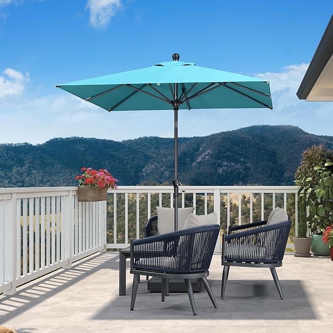PURPLE LEAF 6.5' x 6.5' Square Patio Umbrella Outdoor Table Umbrella Aluminum Frame Market Umbrella Sun Umbrella with 8 Sturdy Ribs Tilt for Garden Deck Lawn Pool Light Turquoise Blue