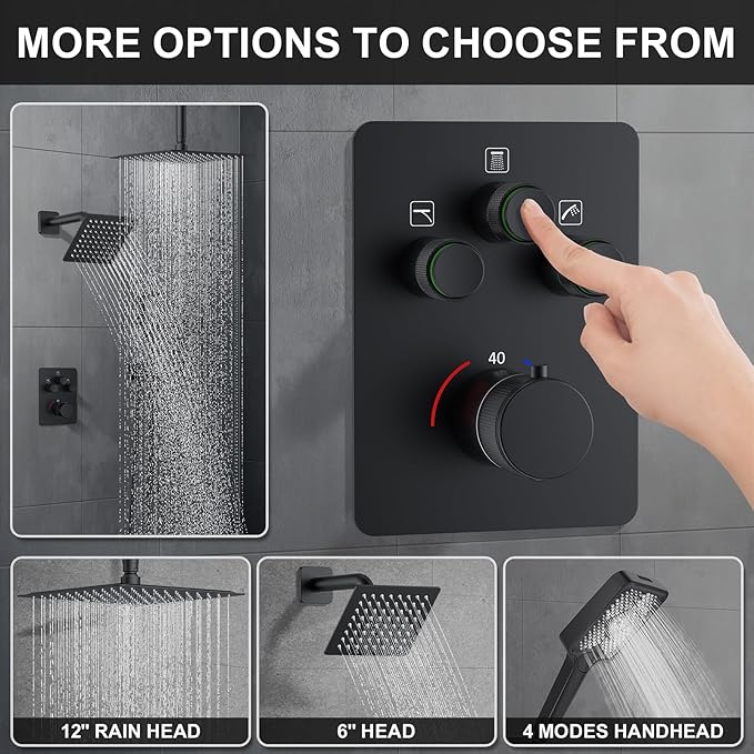 KOJOX Matte Black Thermostatic Shower System, Push Button Diverter Shower Faucet Set with 12" Ceiling Mount Rain Shower, 6" Wall Mount Shower Head, and 4-in-1 Handheld Spray