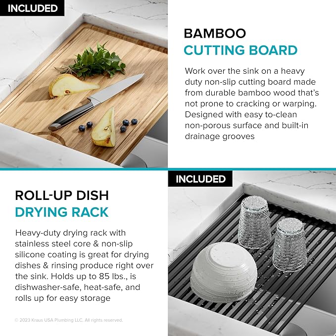 KRAUS Kore 33-Inch Undermount Workstation 16 Gauge Double Bowl Stainless Steel Kitchen Sink with Accessories, KWU112-33